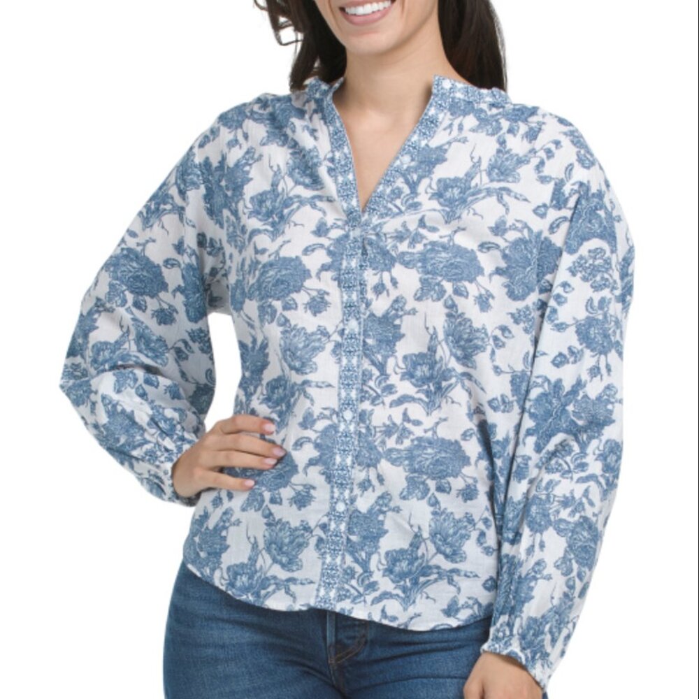 NWT Lucky Brand Puff Sleeve Mixed Print Blouse L MSRP $89.50